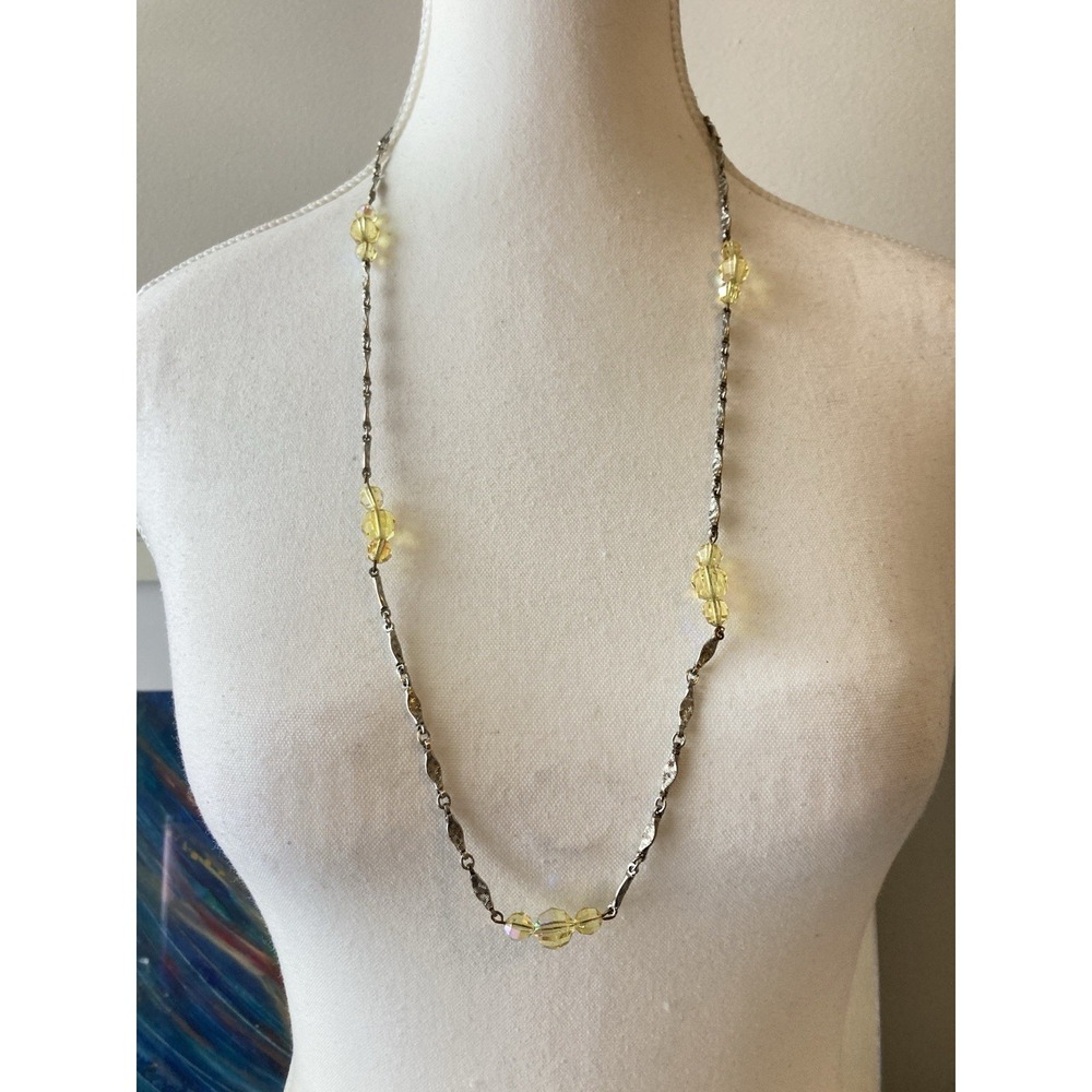 Delicate Yellow Crystalβ Bead Necklace Silver Tone Etched Link Chain Layering